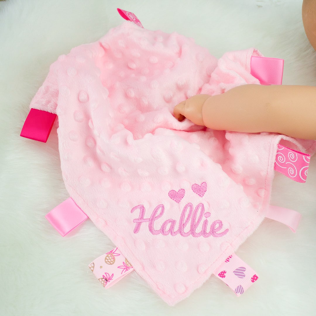 PERSONALISED TAGGY BLANKET/COMFORTER/GIFT IN PINK 