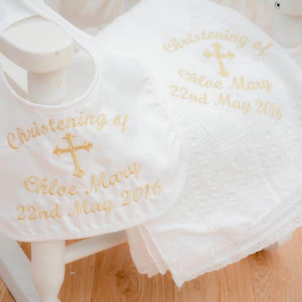 personalised christening shawl and bib gift set