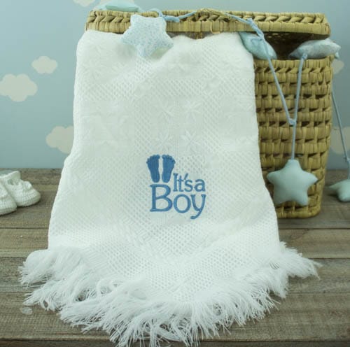 Personalised White Baby Shawl – ‘It’s a Boy’