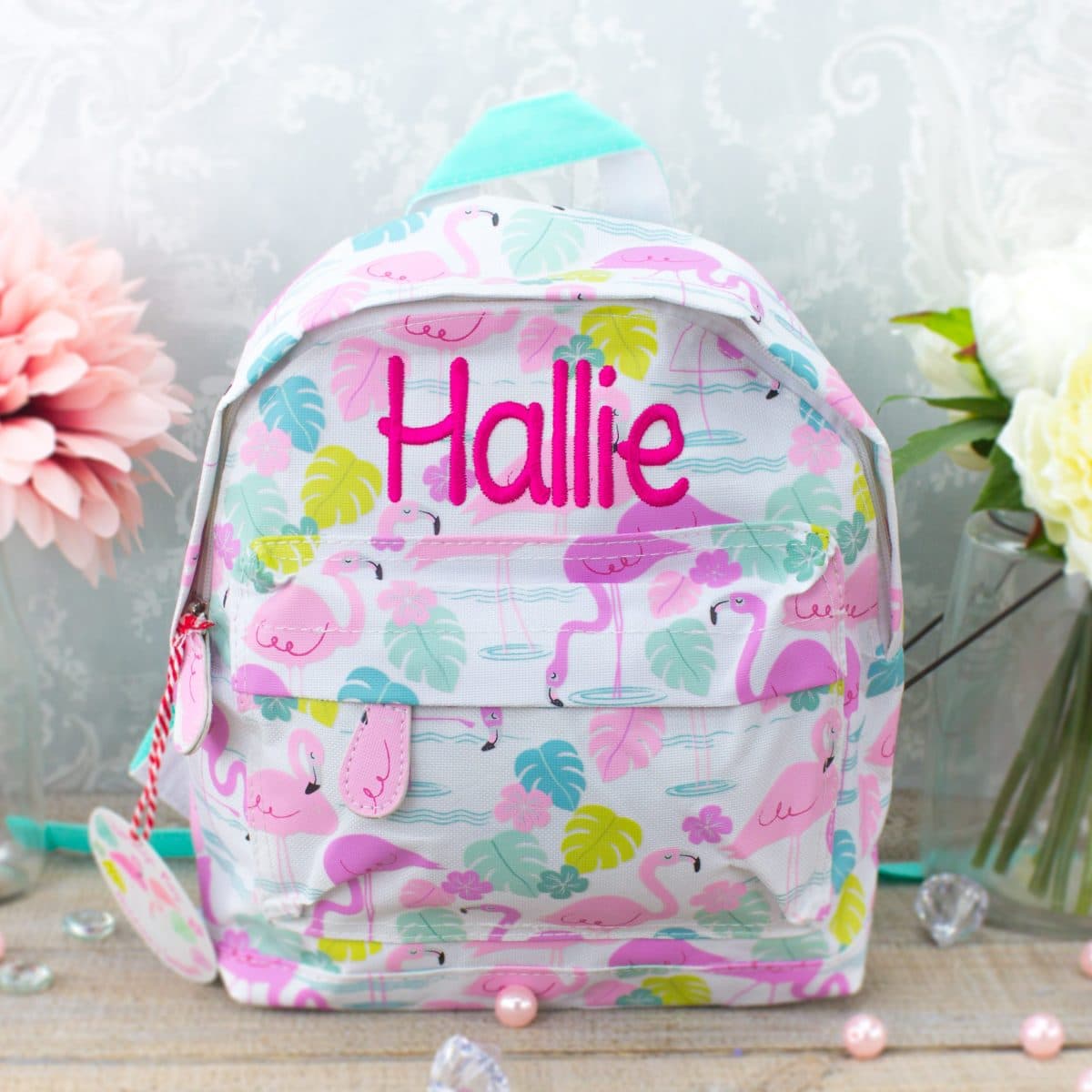 Personalised Pink Flamingo Tropic Scene Girls Kids Backpack Childrens School Bag 