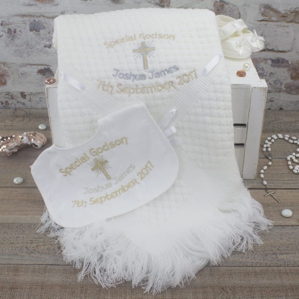 Personalised Godson/ Goddaughter Shawl Embroidered Name Date Christening gift 