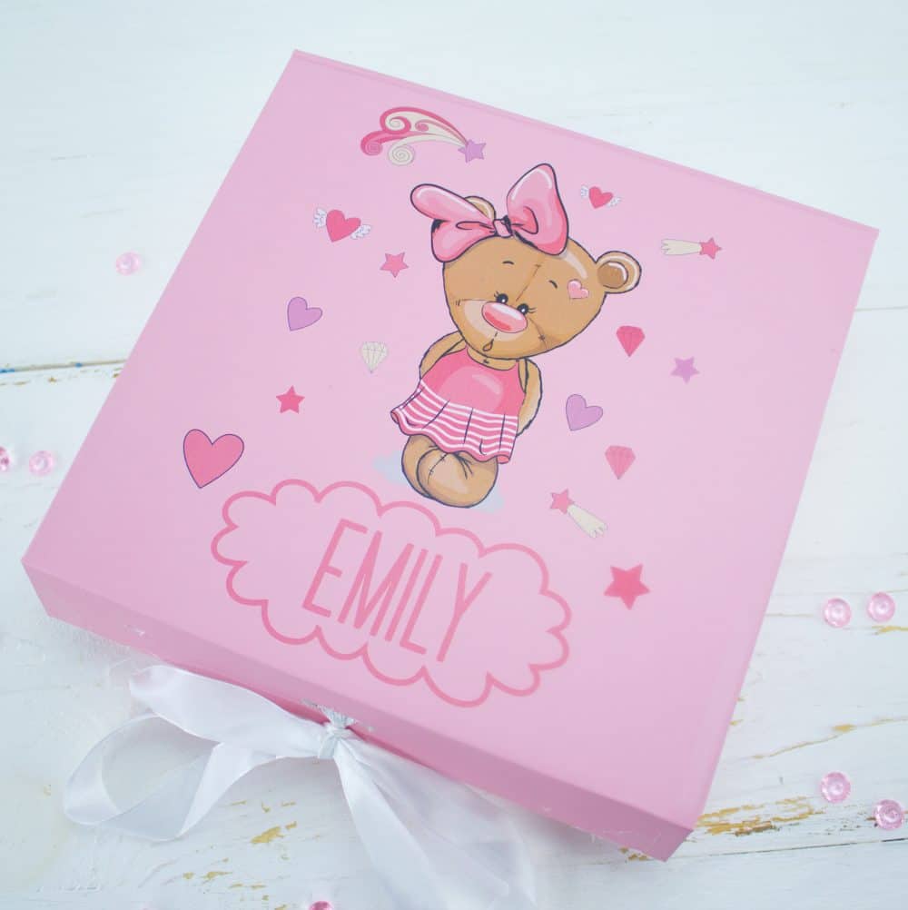 ‘Personalised Pink Teddy Bear Baby Keepsake Gift Box’