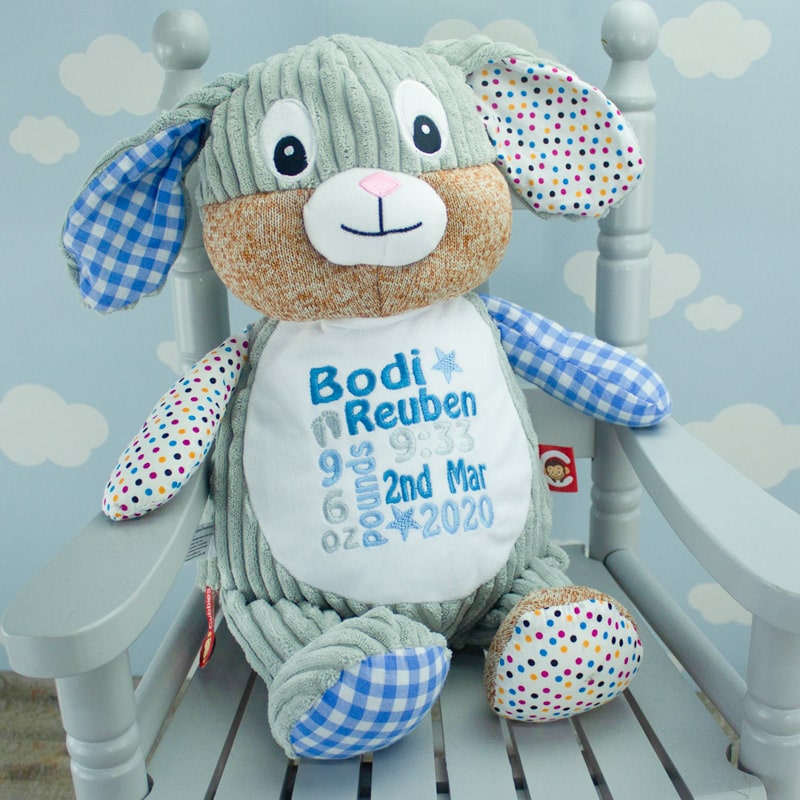 ‘Personalised Blue Patchwork Bunny Soft Toy’