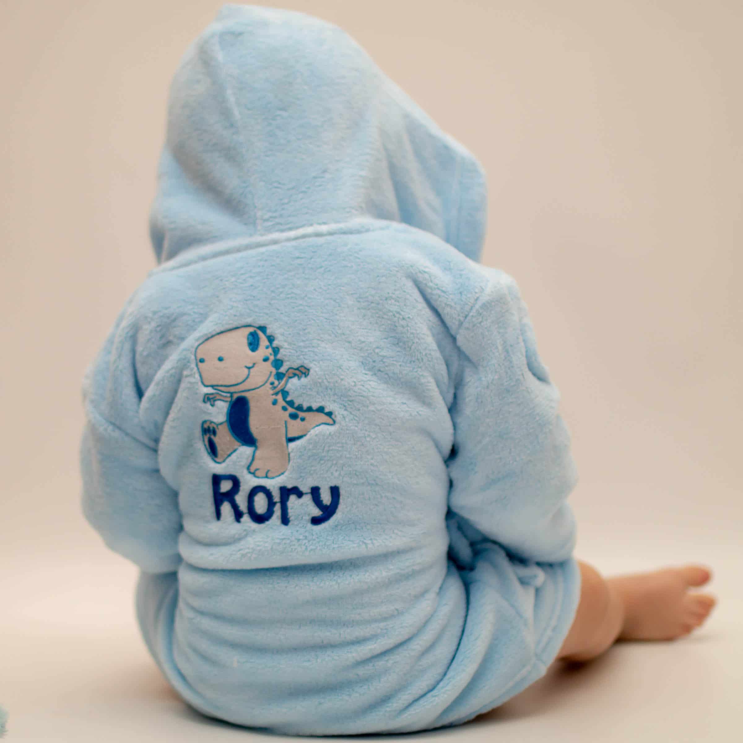 personalised blue baby dressing gown - dinosaur