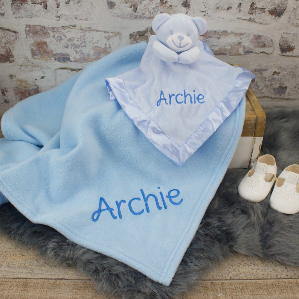 Personalised Blue Teddy Bear Comforter & Blanket Gift Set