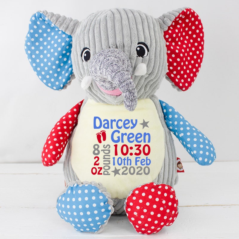 ‘Personalised Grey Patchwork Elephant Soft Toy’