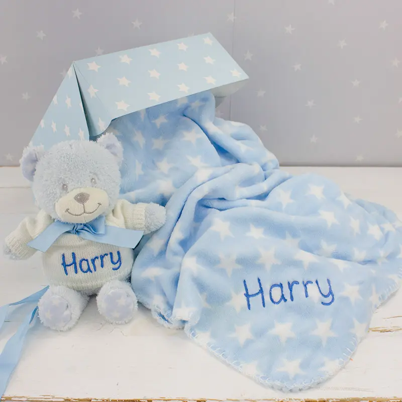 Personalised Baby Boy Teddy Bear & Blanket Gift Set