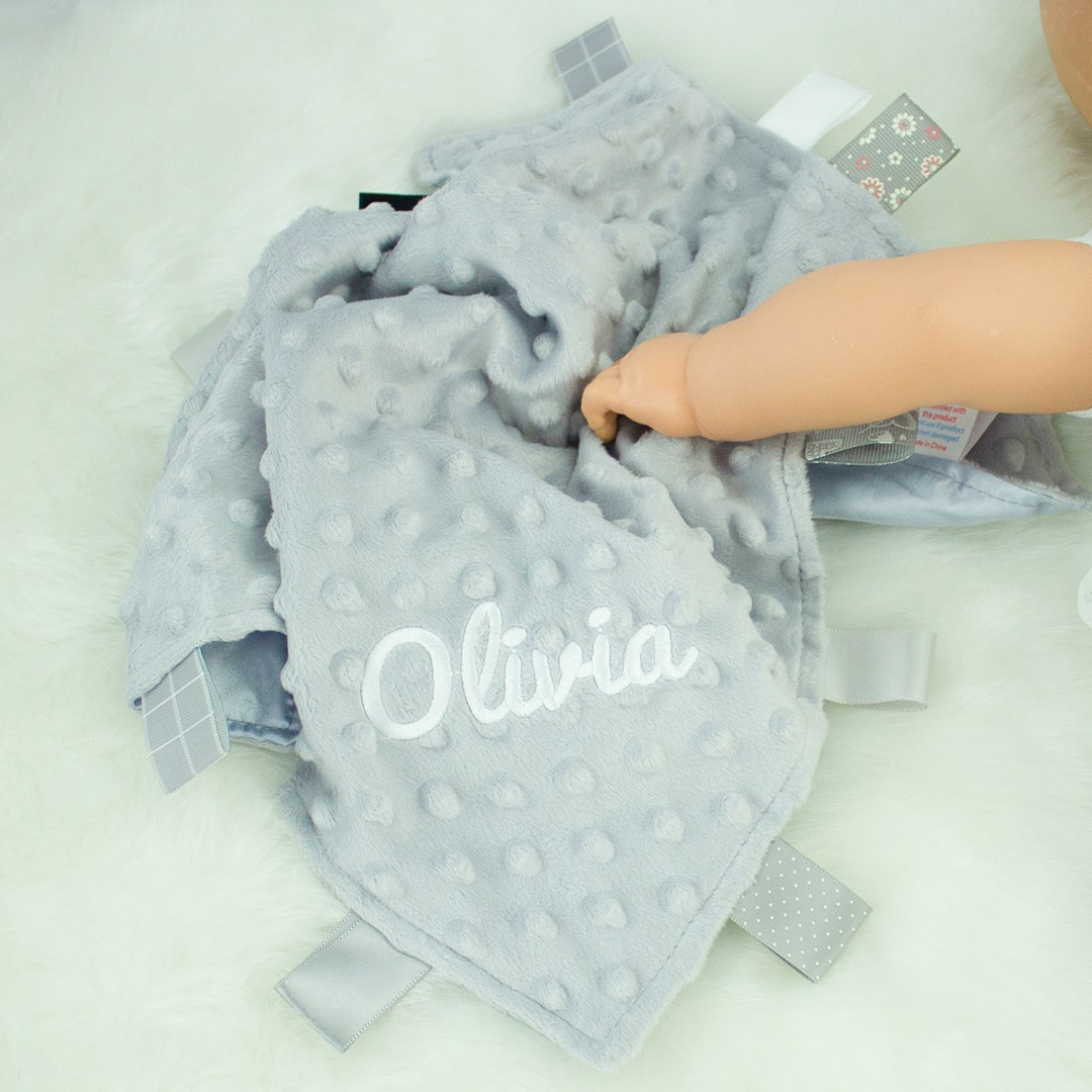 Personalised Grey Baby Comforter – Taggie Style