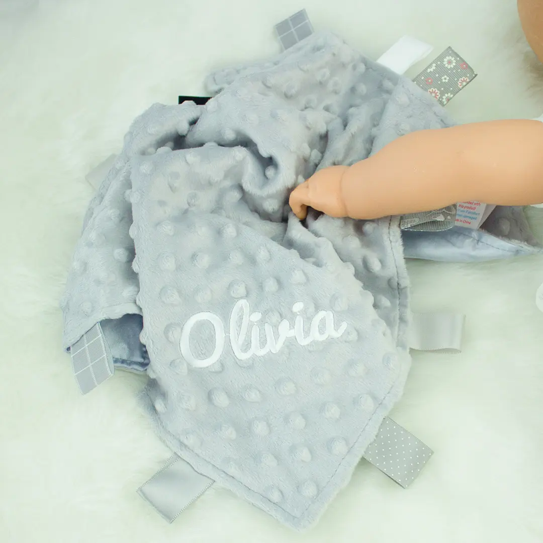 personalised grey baby taggie comforter