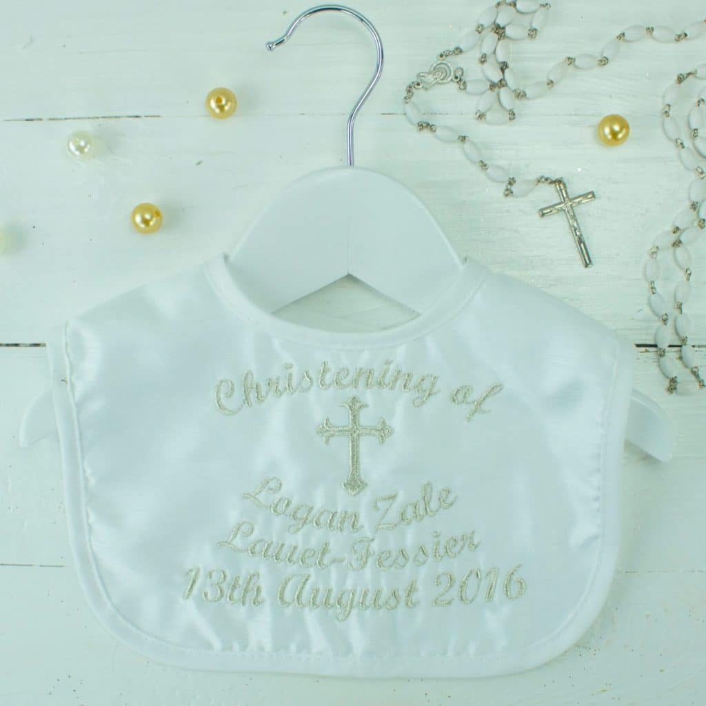 Personalised  satin Christening bib   GLITTER embroidery 