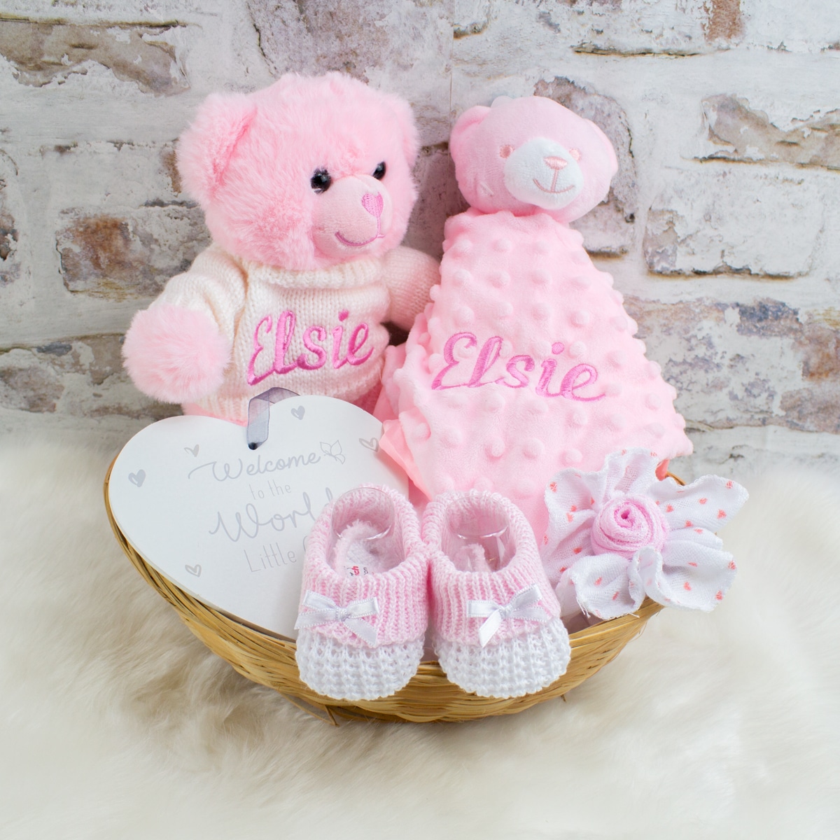 Personalised Baby Girl Teddy Bear & Comforter Gift Basket