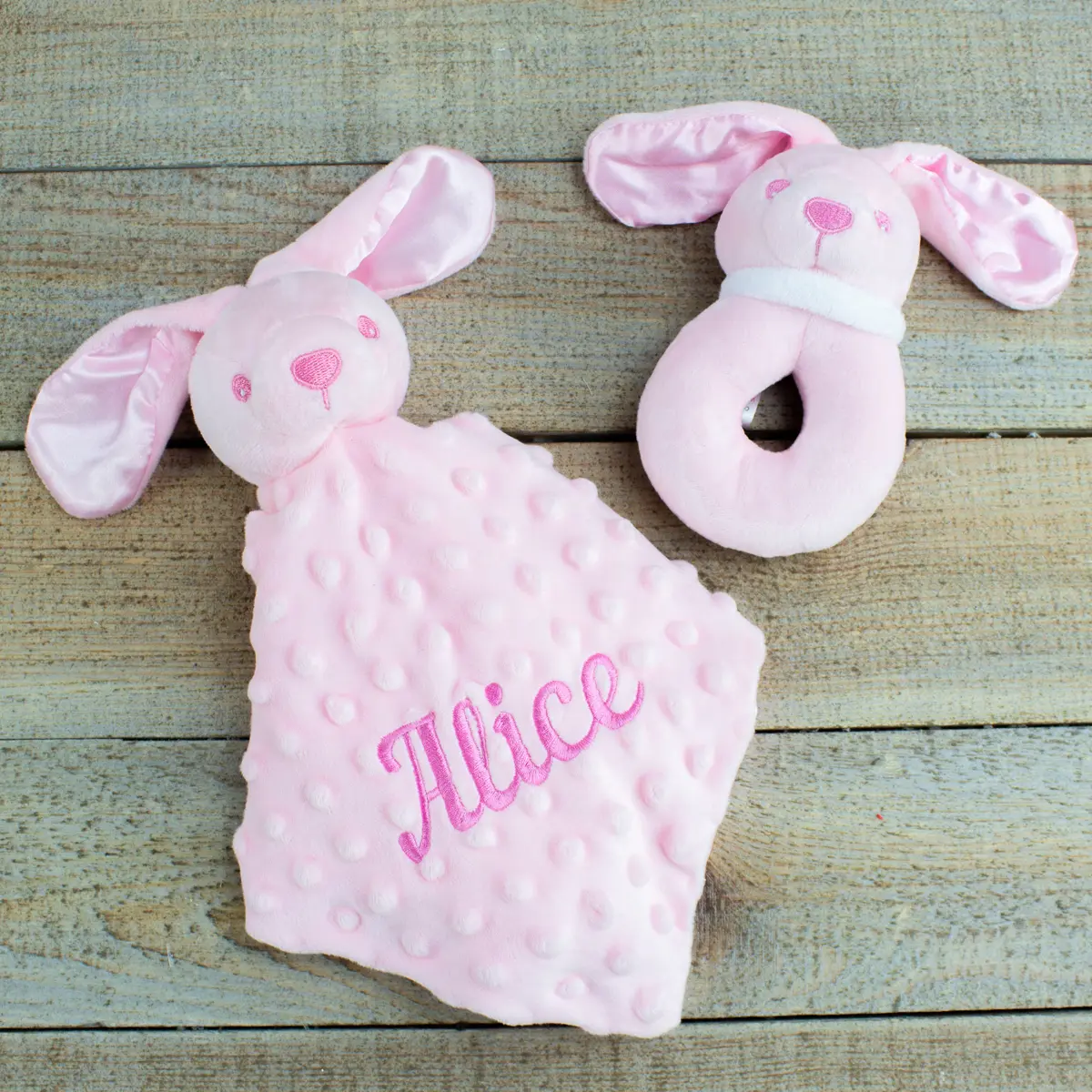 Personalised Pink Bunny Rabbit Gift Hamper - Comforter & Rattle