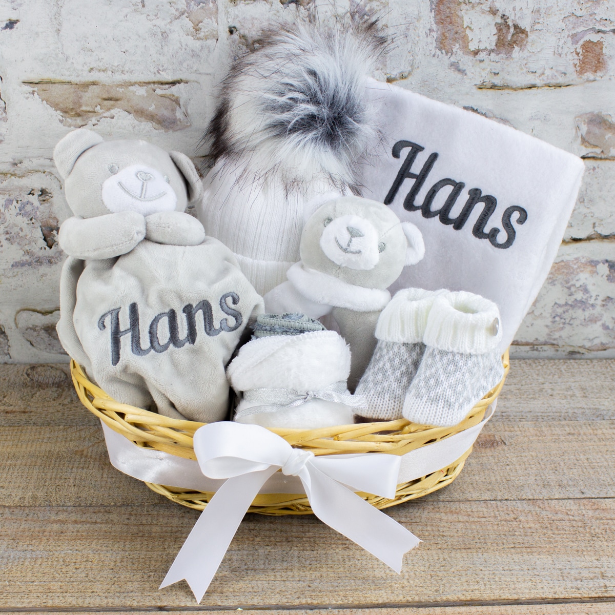 Personalised Grey & white Baby hamper gift set