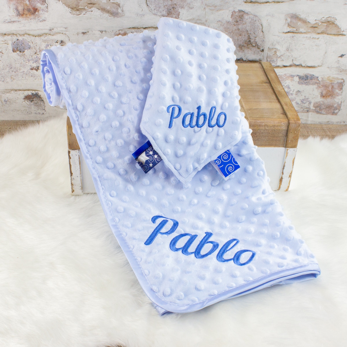 ‘Personalised Blue Blanket & Taggie Comforter Set’