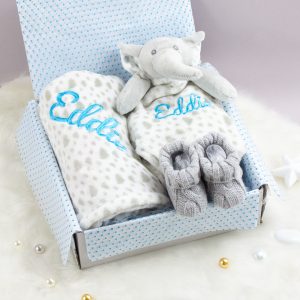 Personalised grey baby boy gift set
