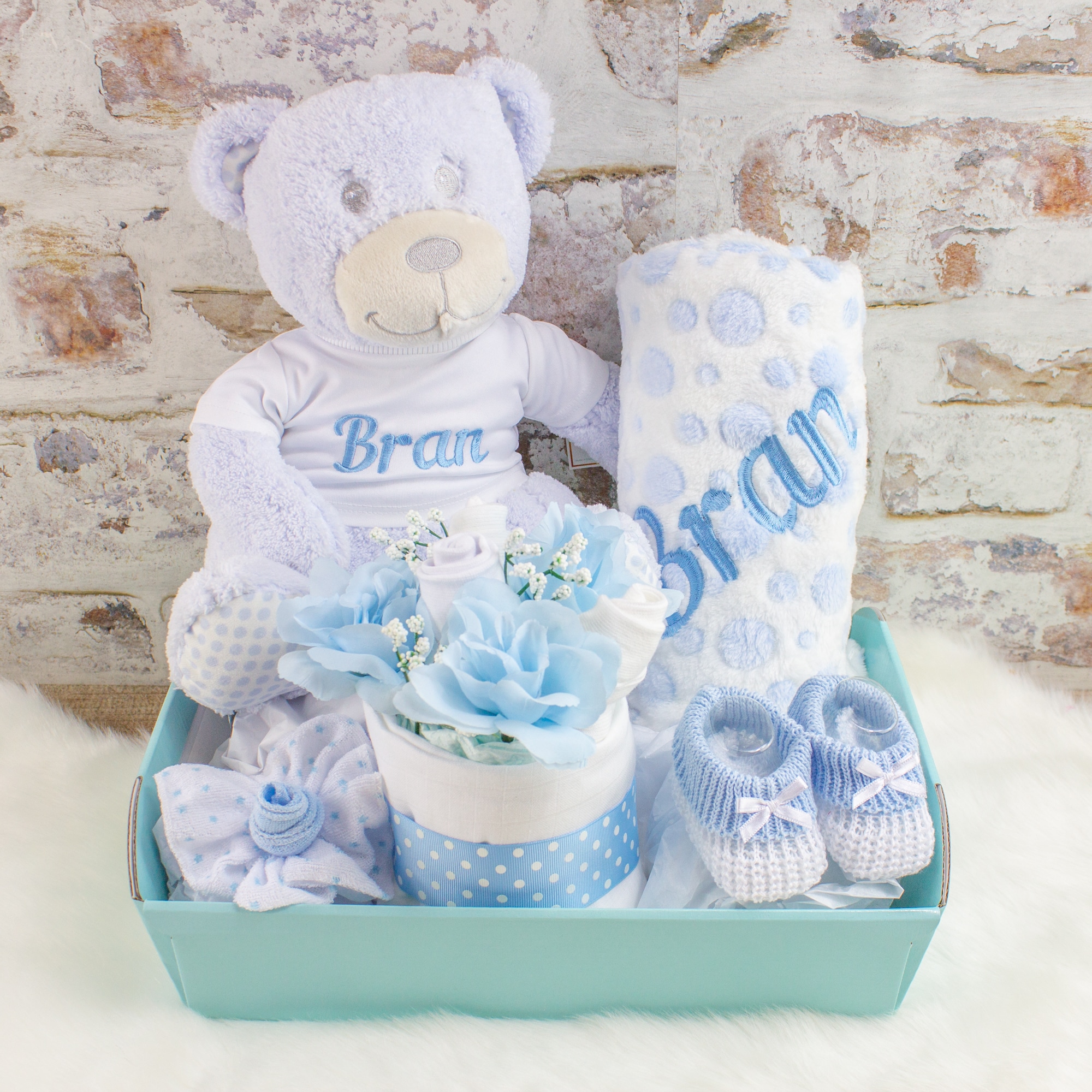 Personalised Baby Boy Teddy Bear & Blanket Gift Hamper