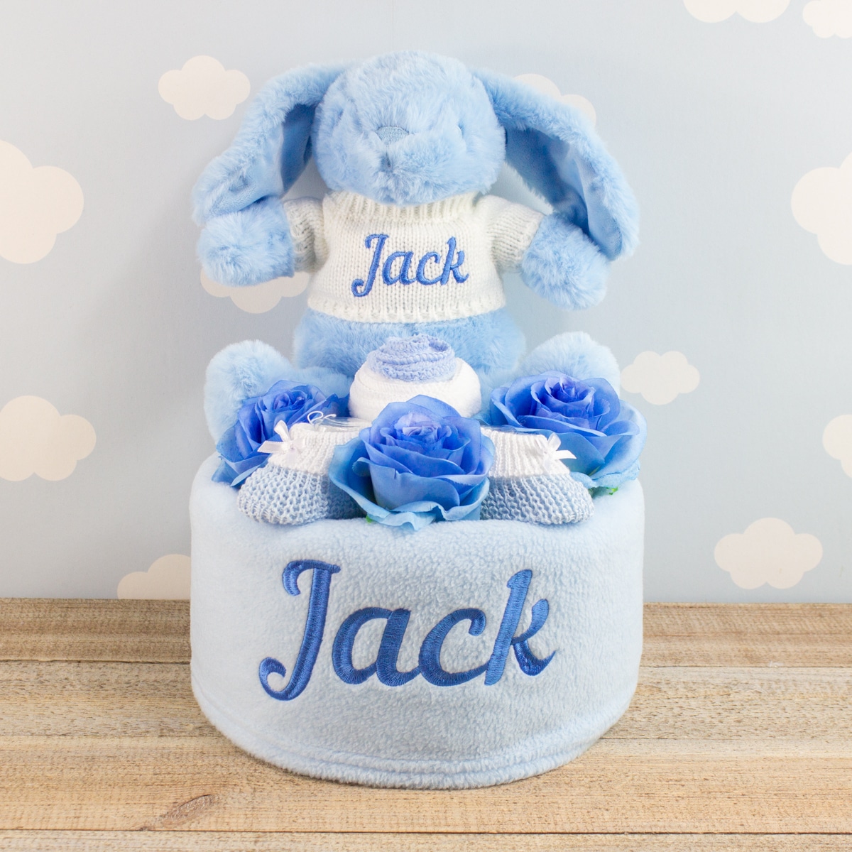 Personalised Baby Boy Bunny Rabbit Blue Nappy Cake