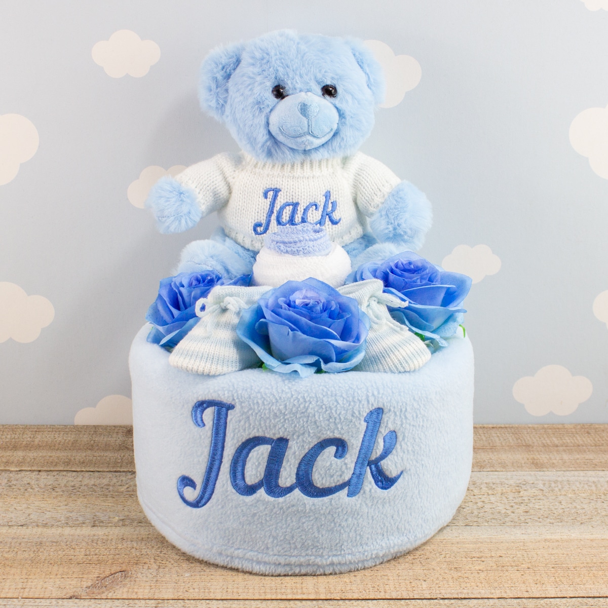 Personalised Baby Boy Teddy Bear Blue Nappy Cake