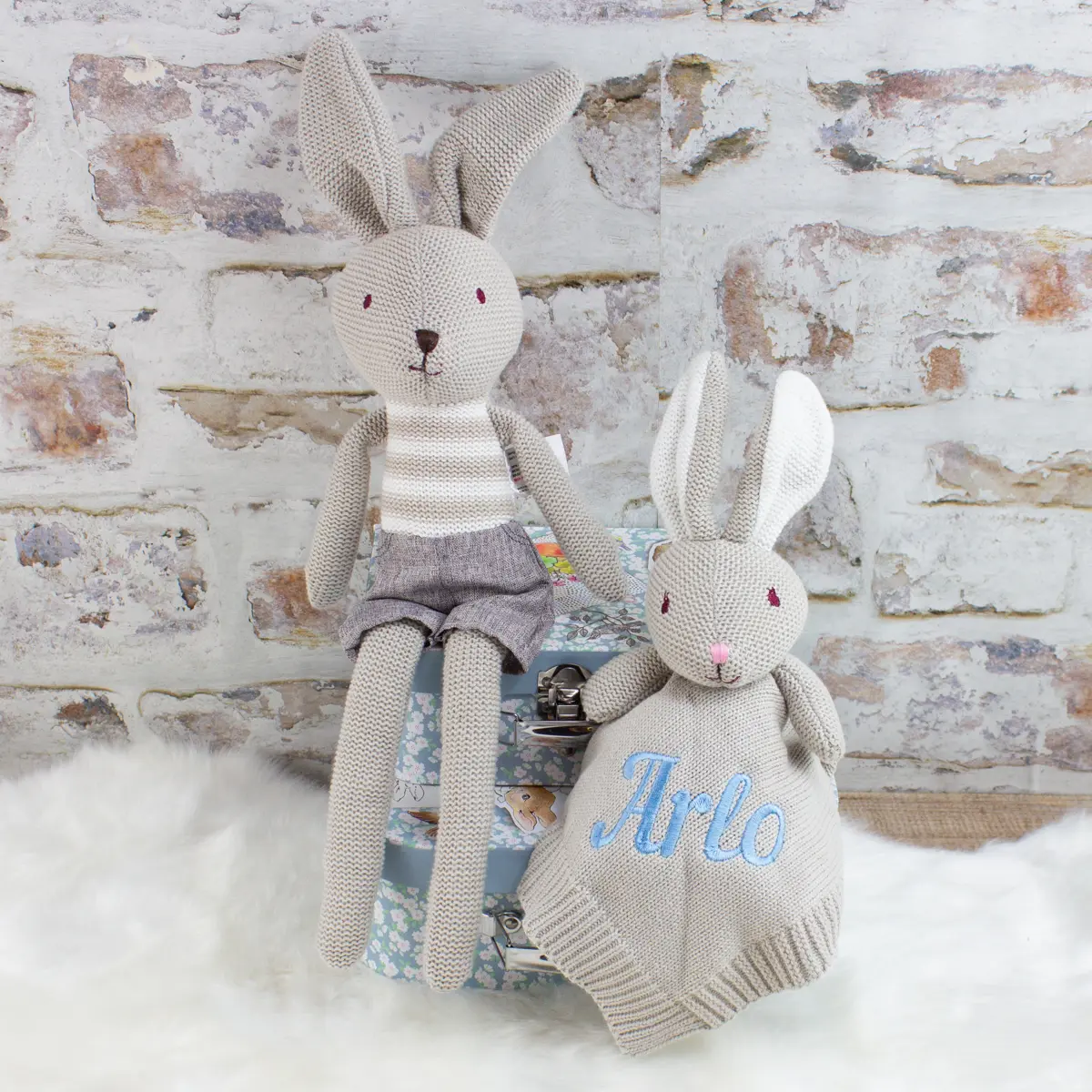 Personalised Knitted Bunny Rabbit & Soft Toy Gift Set