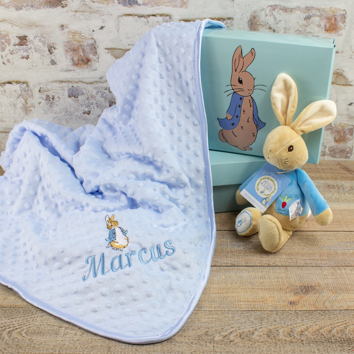 Available in Sizes 0-3 Boys Peter Rabbit & Blanket Personalised Printed 100% Double Layered Cotton Baby Hat 3-6 and 6-12 Months Max 13 Letters Printed with The Name of Your Choice 