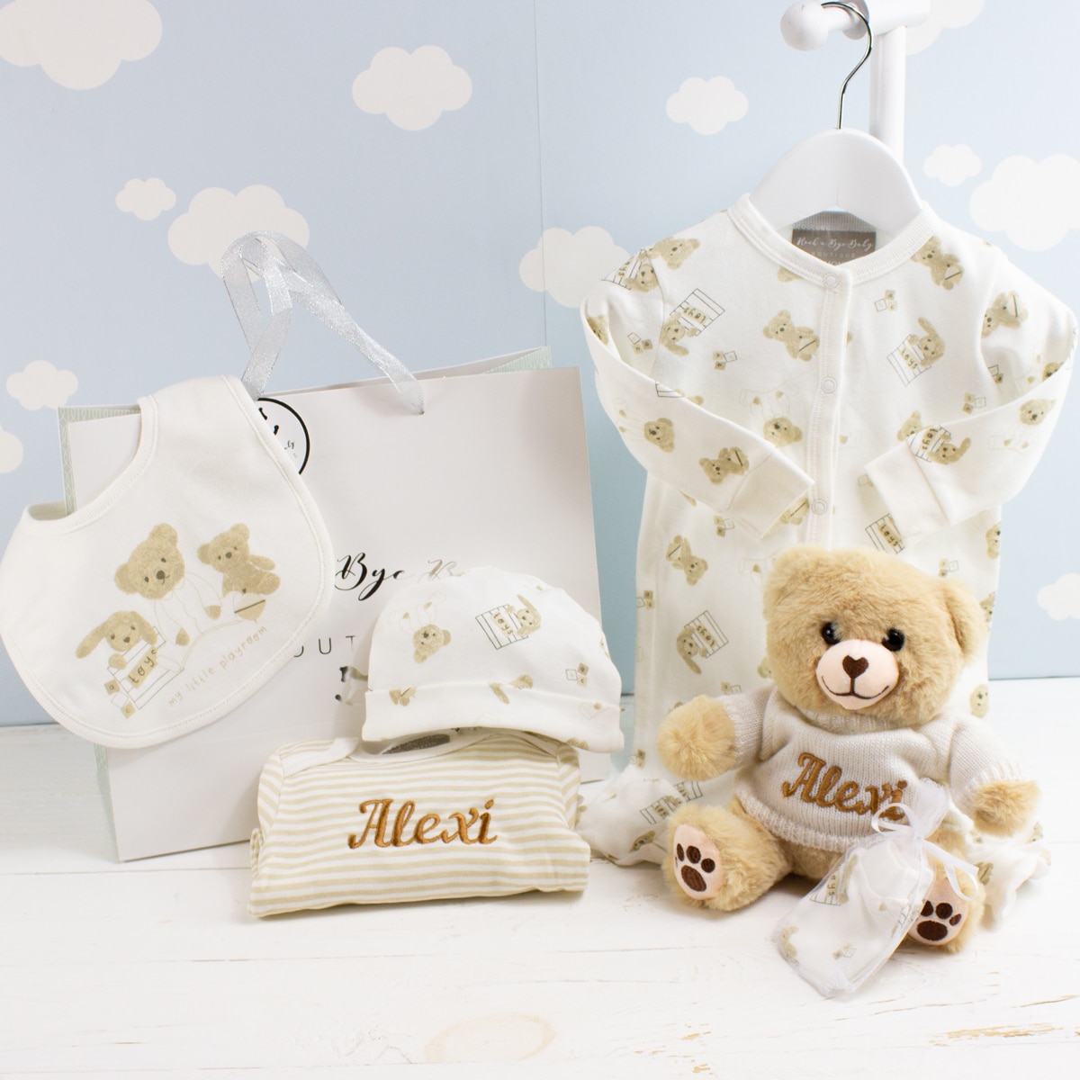 Personalised Beige Teddy Bear & Clothes Baby Gift Set