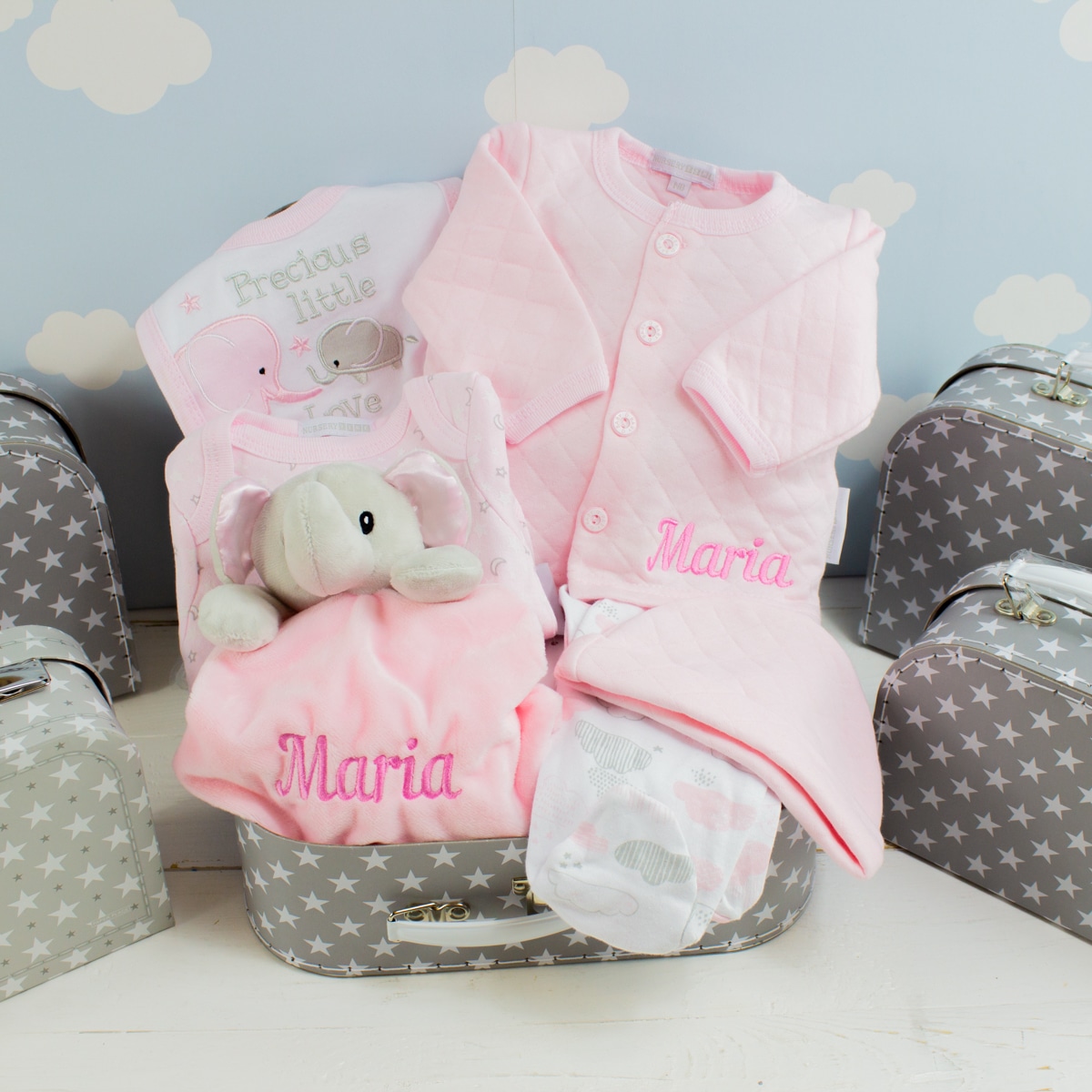 Personalised Pink Elephant & Baby Girl Clothes Gift Box