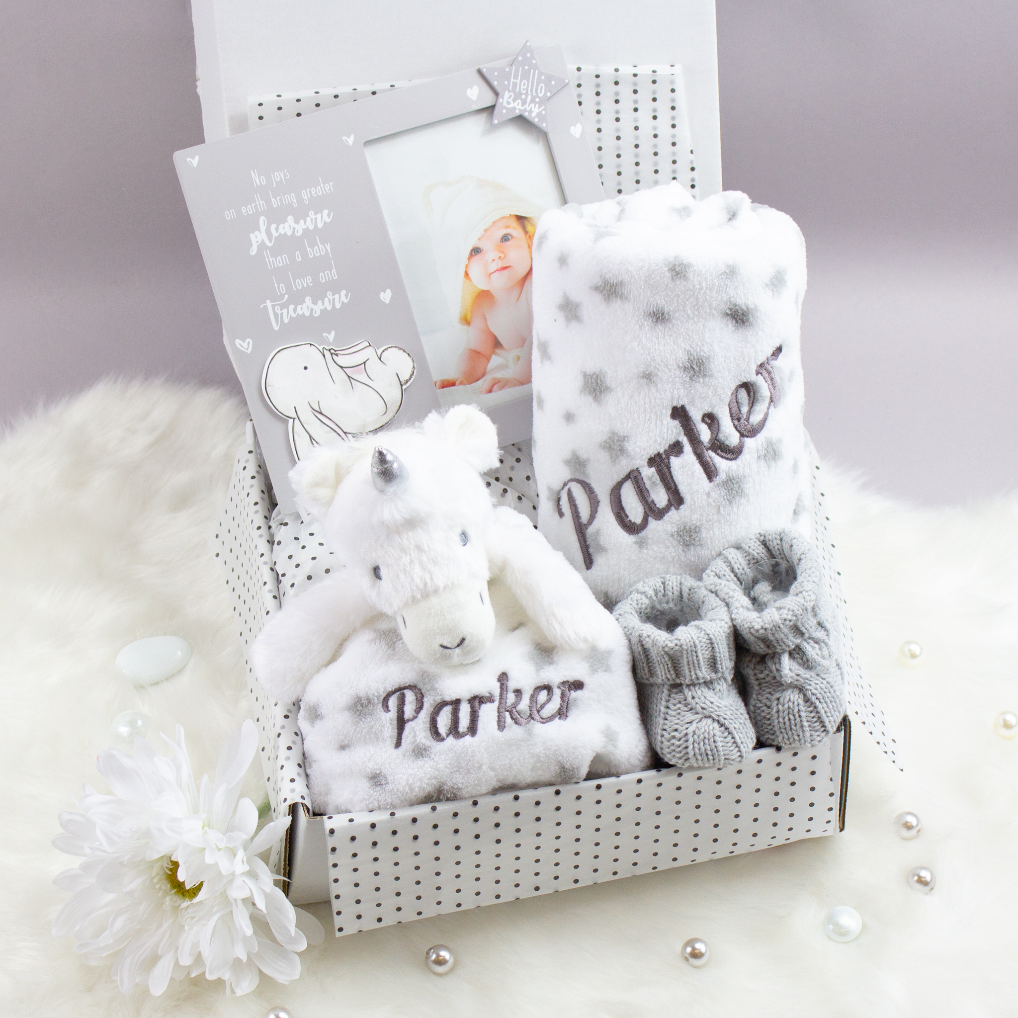 personalised white unicorn baby gift set