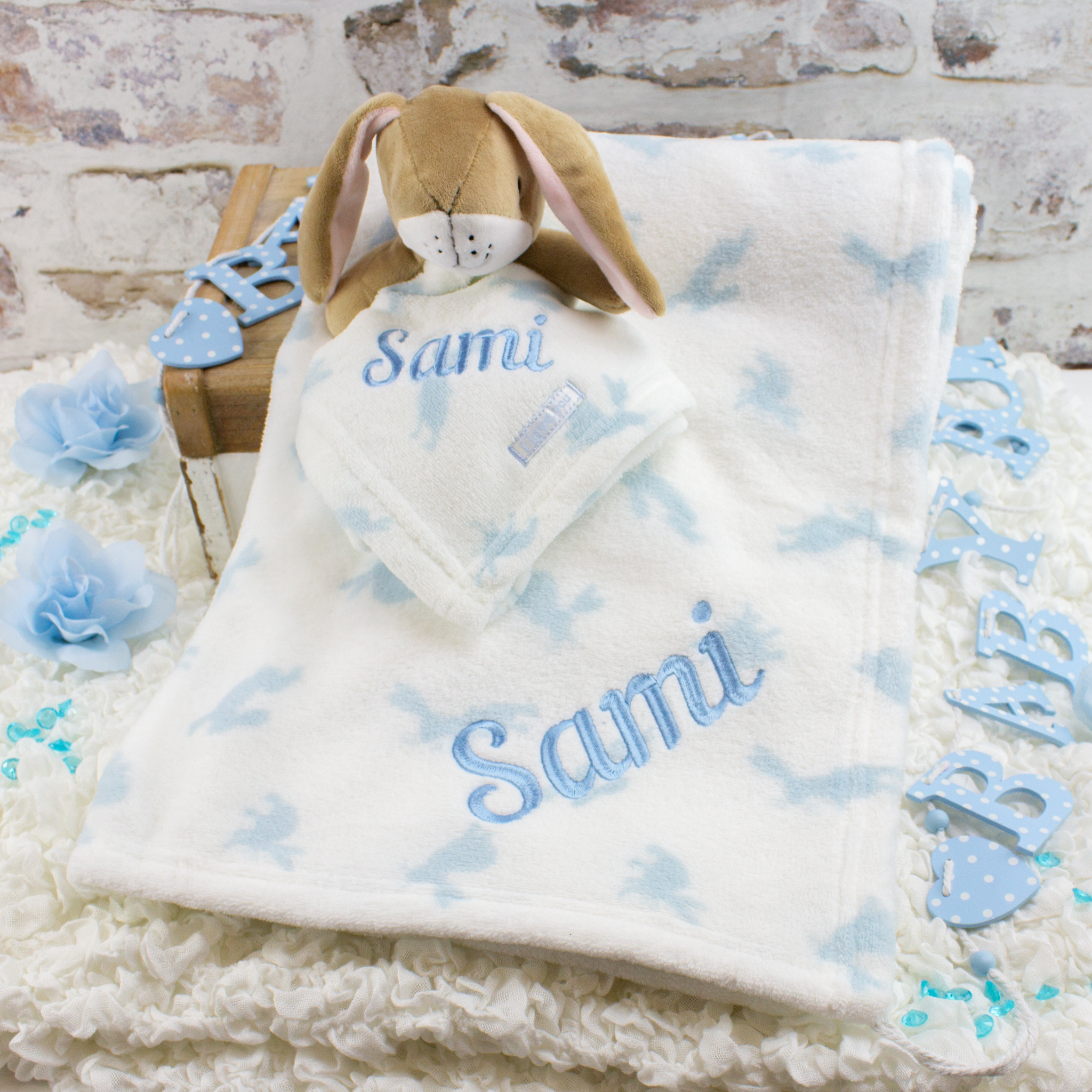 Personalised Baby Boy Bunny Blanket Gift Set