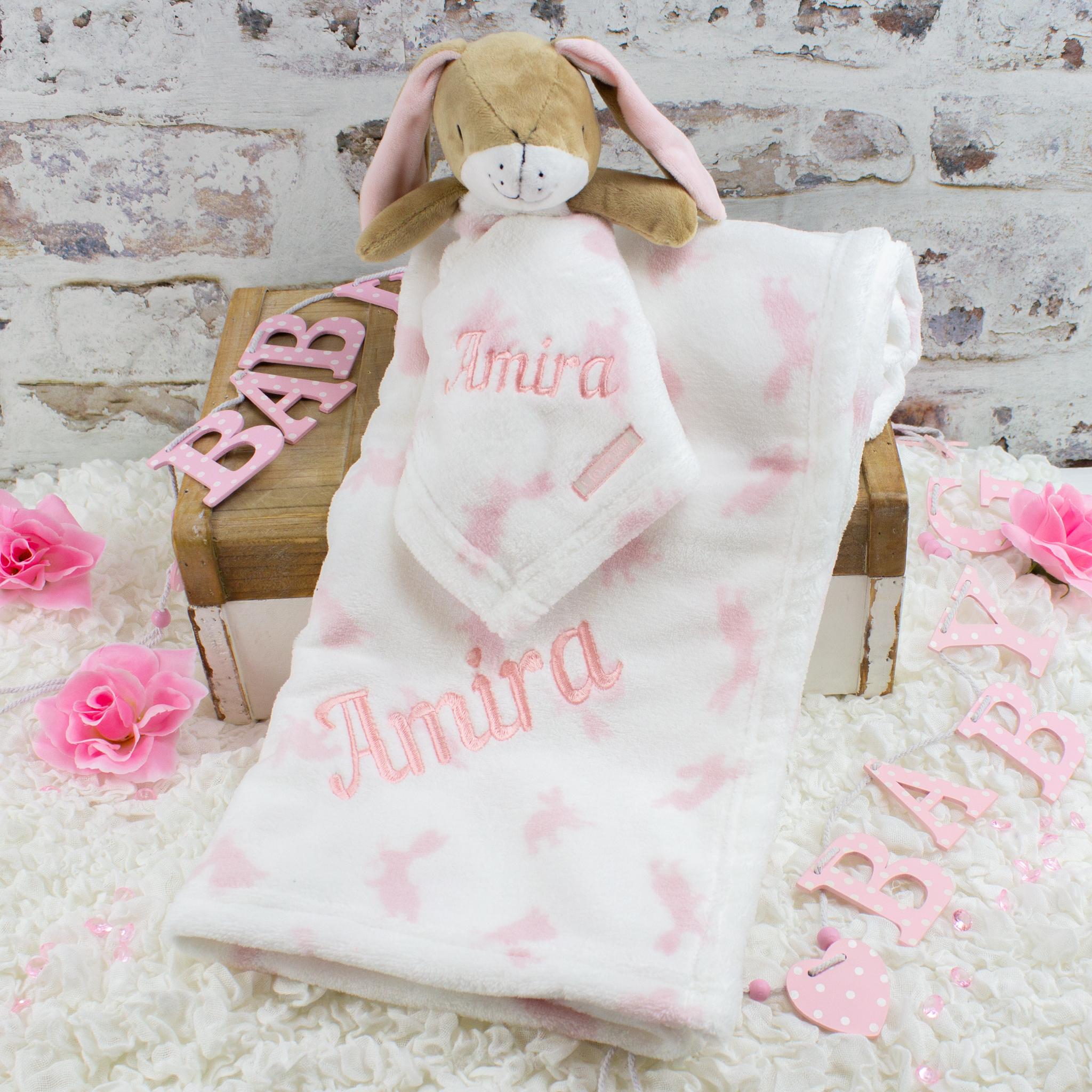 Personalised Baby Girl Bunny Blanket Gift Set