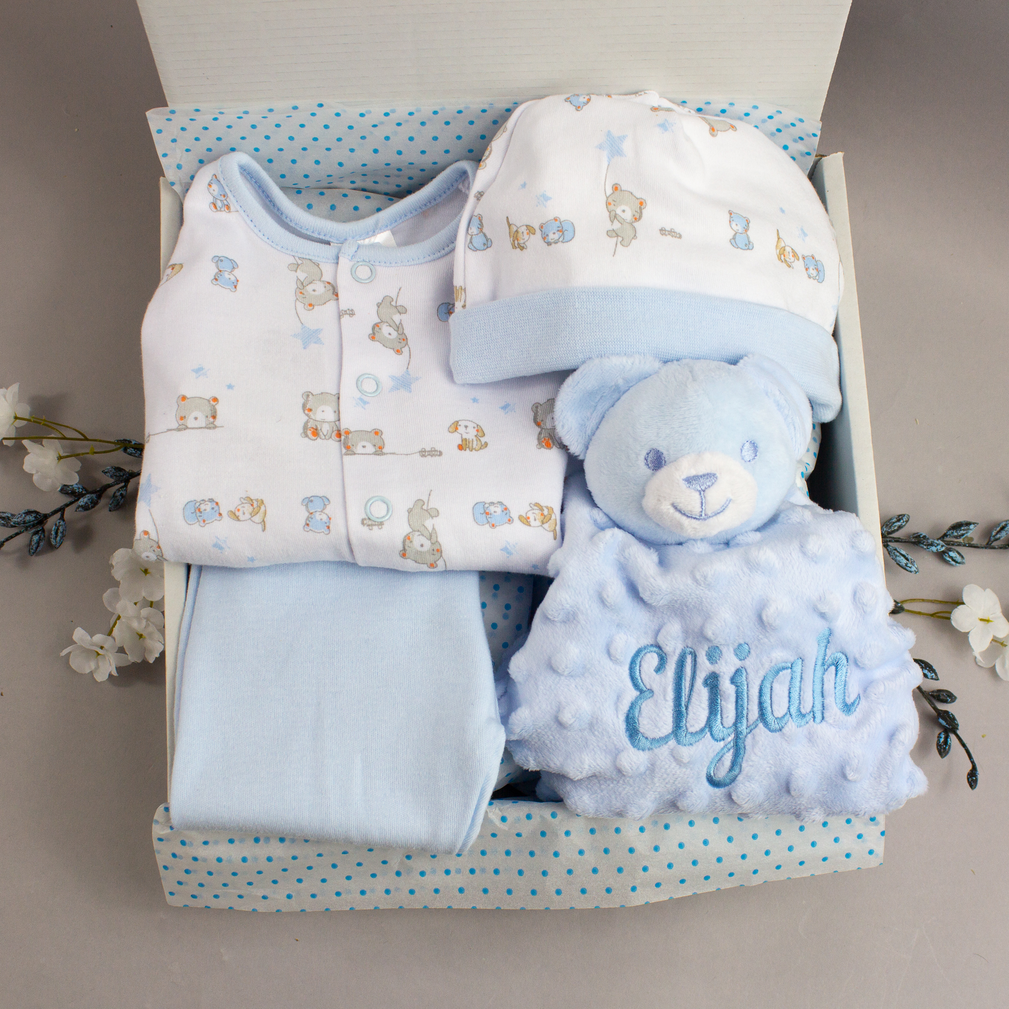 Personalised Blue Teddy Bear Baby Clothes Gift Box