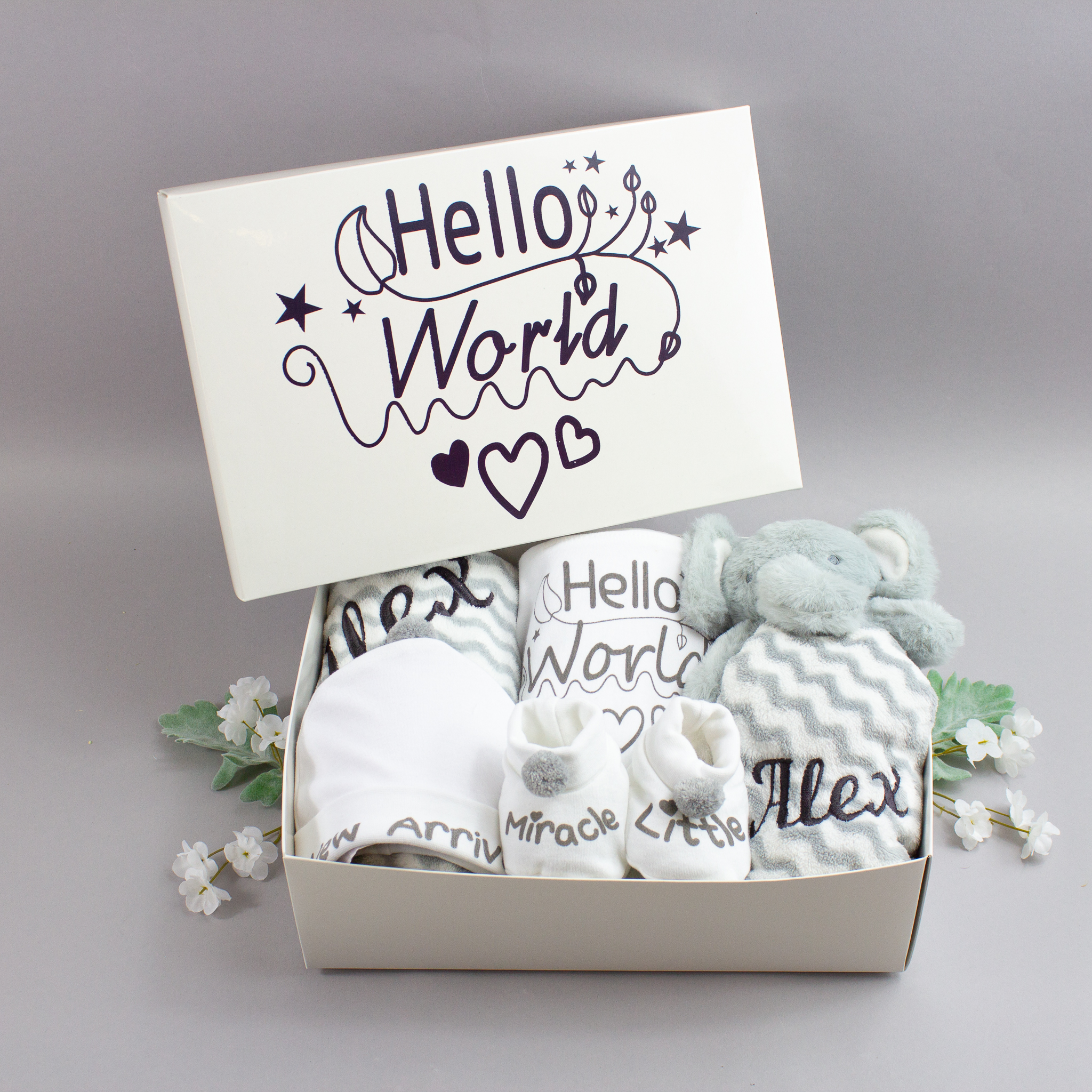 Personalised Grey ‘Hello World’ Baby Gift Set