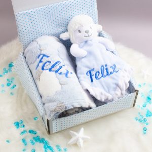 personalised blue baby gift hamper