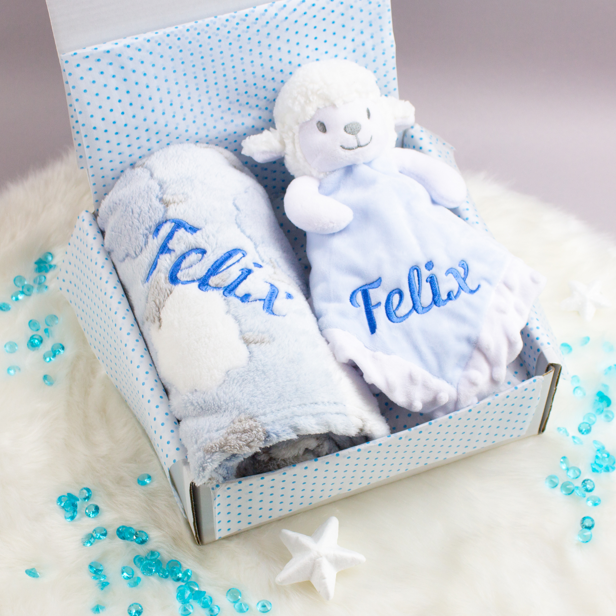 personalised blue baby gift hamper
